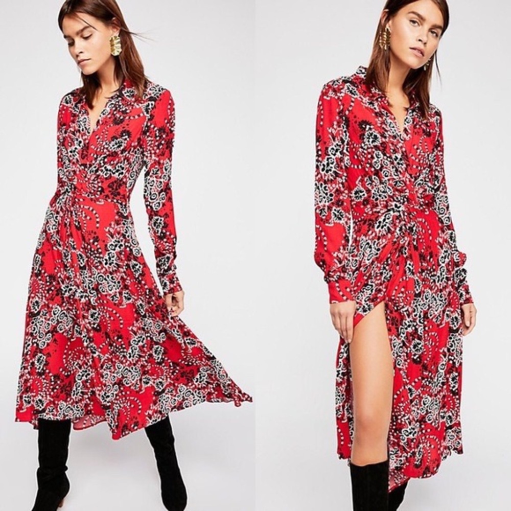 Free People, midi, red and black shirt dress